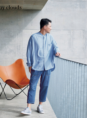 桑妮库拉/Sunny clouds棉混宽松落肩衬衫蓝色上衣外套