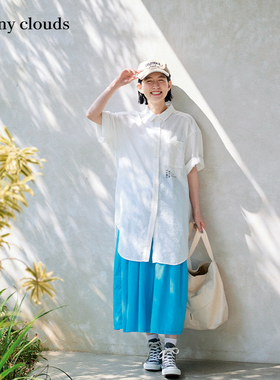 夏季新品 桑妮库拉/Sunny clouds棉混落肩长款褶皱衬衫白色短袖女