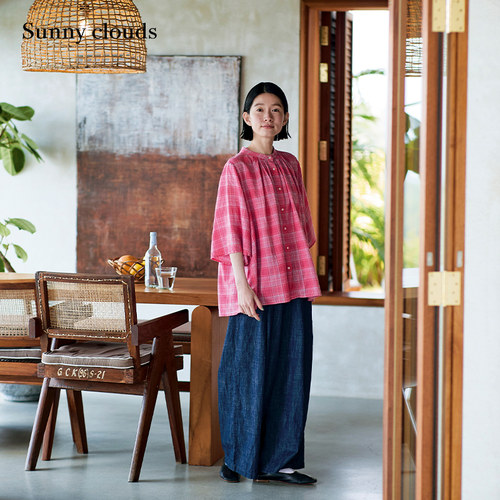 纯棉牛仔阔腿裤松紧腰休闲裤