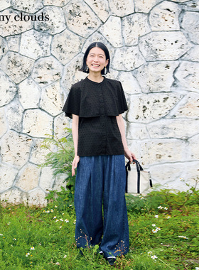 夏季新品 桑妮库拉/Sunny clouds纯棉荷叶袖圆点提花衬衫黑色短袖