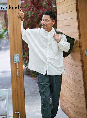棉麻男士蝙蝠袖白色衬衫