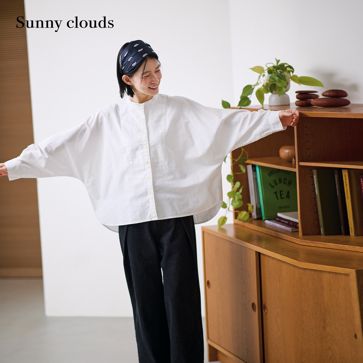 秋季新品 桑妮库拉/Sunny clouds棉麻无领宽松蝙蝠袖衬衫白色外套