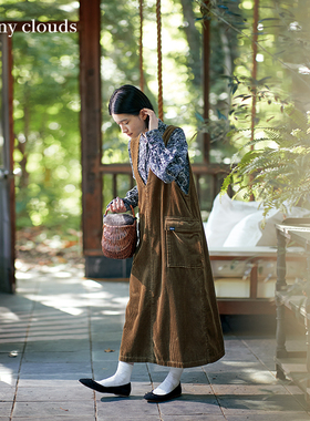 桑妮库拉/Sunny clouds 纯棉条绒工装风背带裙打底长裙