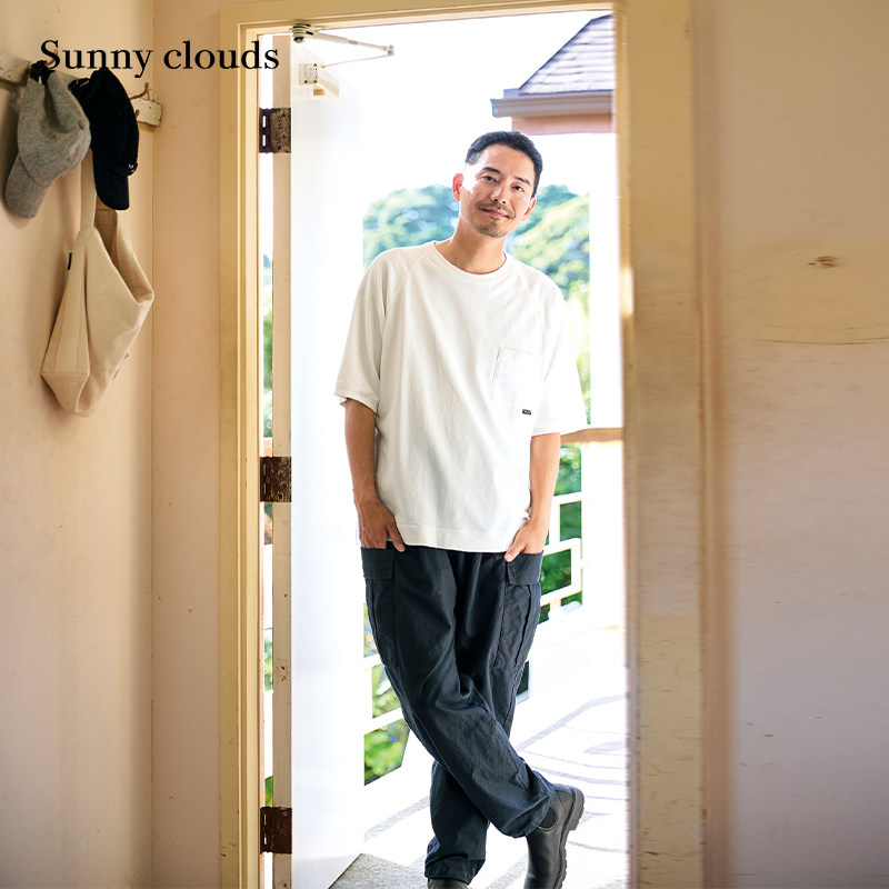 秋季新品 桑妮库拉/Sunny clouds 男式纯棉插肩T恤五分袖上衣白色