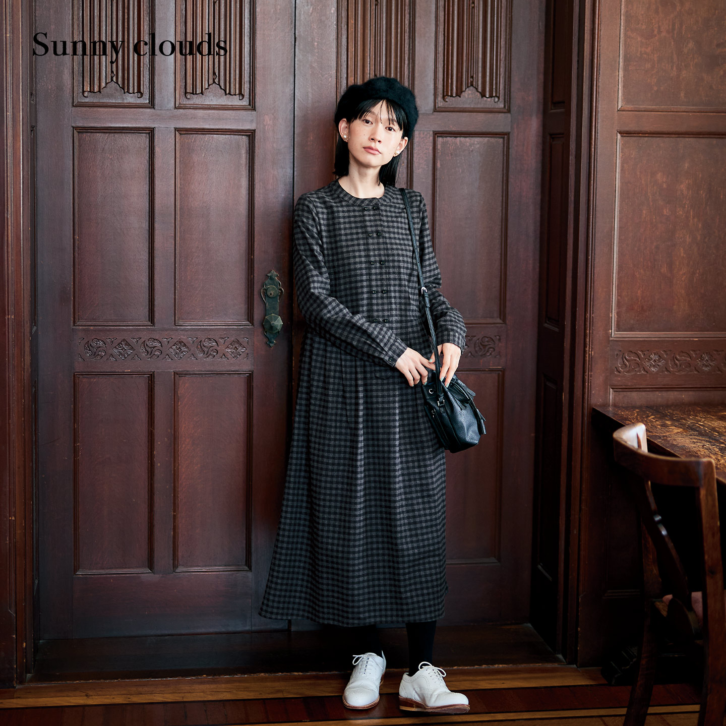 双排扣复古磨毛格子连衣裙女