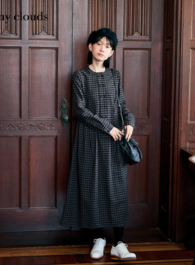 冬季新品 桑妮库拉/Sunny clouds纯棉磨毛格子连衣裙双排扣长裙女