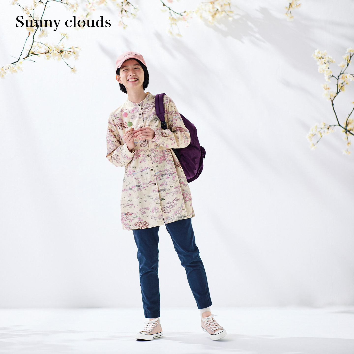 春季新品 桑妮库拉/Sunny clouds 纯棉赏樱印花微A字中长款衬衫