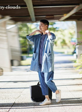 桑妮库拉/Sunny clouds 纯棉V领中长款开衫风衬衫蓝色
