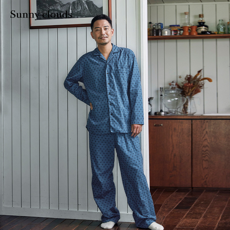 蓝色印花纯棉家居裤宽松长裤男