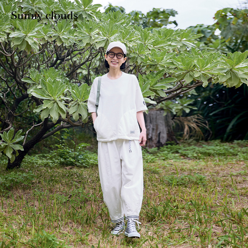 女式纯棉抽绳山系落肩宽松T恤