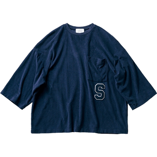 桑妮库拉/Sunny clouds 男式纯棉落肩字母绣标毛圈T恤衫(藏蓝)
