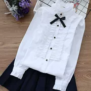 Áo sơ mi trắng bé gái dài tay bé gái mùa thu 2019 áo mới trẻ em nước ngoài đứng cổ áo cotton bé trai - Áo sơ mi