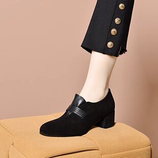 单鞋女2026新款女鞋春季羊皮女士鞋子春款真皮皮鞋女款绒面乐福鞋
