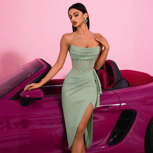 ne waist cinched, high slit, sexy goddess temperament dress