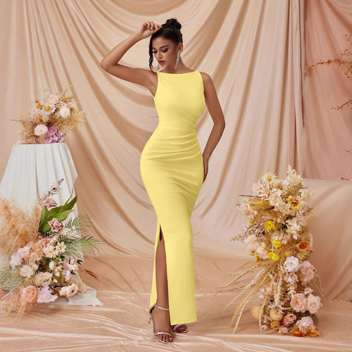 veless sexy solid color slit slim fitting temperament dress