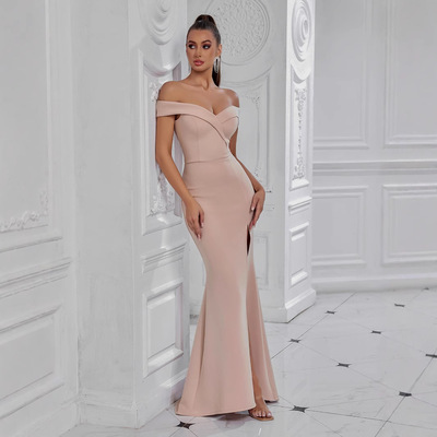 solid color V-neck split temperament banquet evening dress