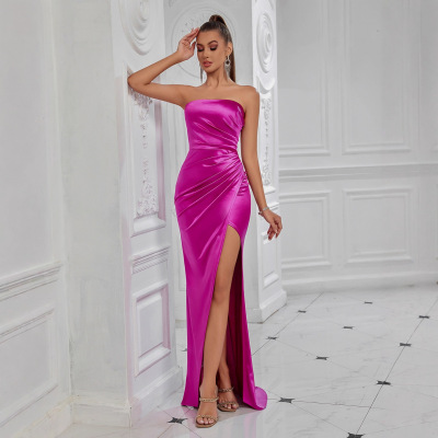 shoulder high-end satin pleated side slit party dress dress