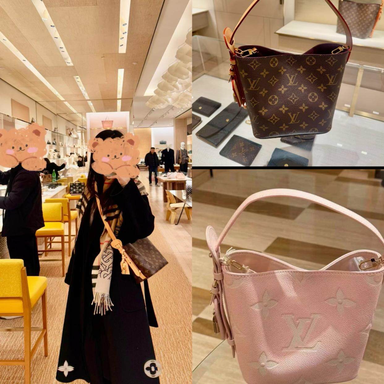 LV/女包新款all in bb白三彩小号水桶包老花单肩手提包斜挎腋下包