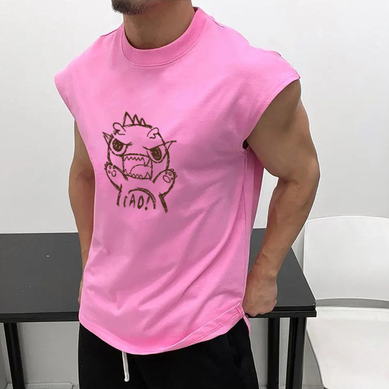 300斤加大码美式潮牌卡通印花无袖健身背心男夏宽松休闲运动上衣