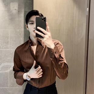 300斤加大码韩式潮牌条纹褶皱V领衬衫男士高级感雅痞风修身上衣秋