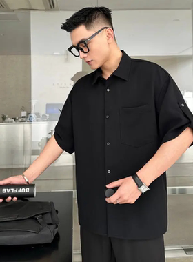 280斤加肥加大码夏季薄款衬衫男短袖纯黑色免烫简约外套宽松上衣