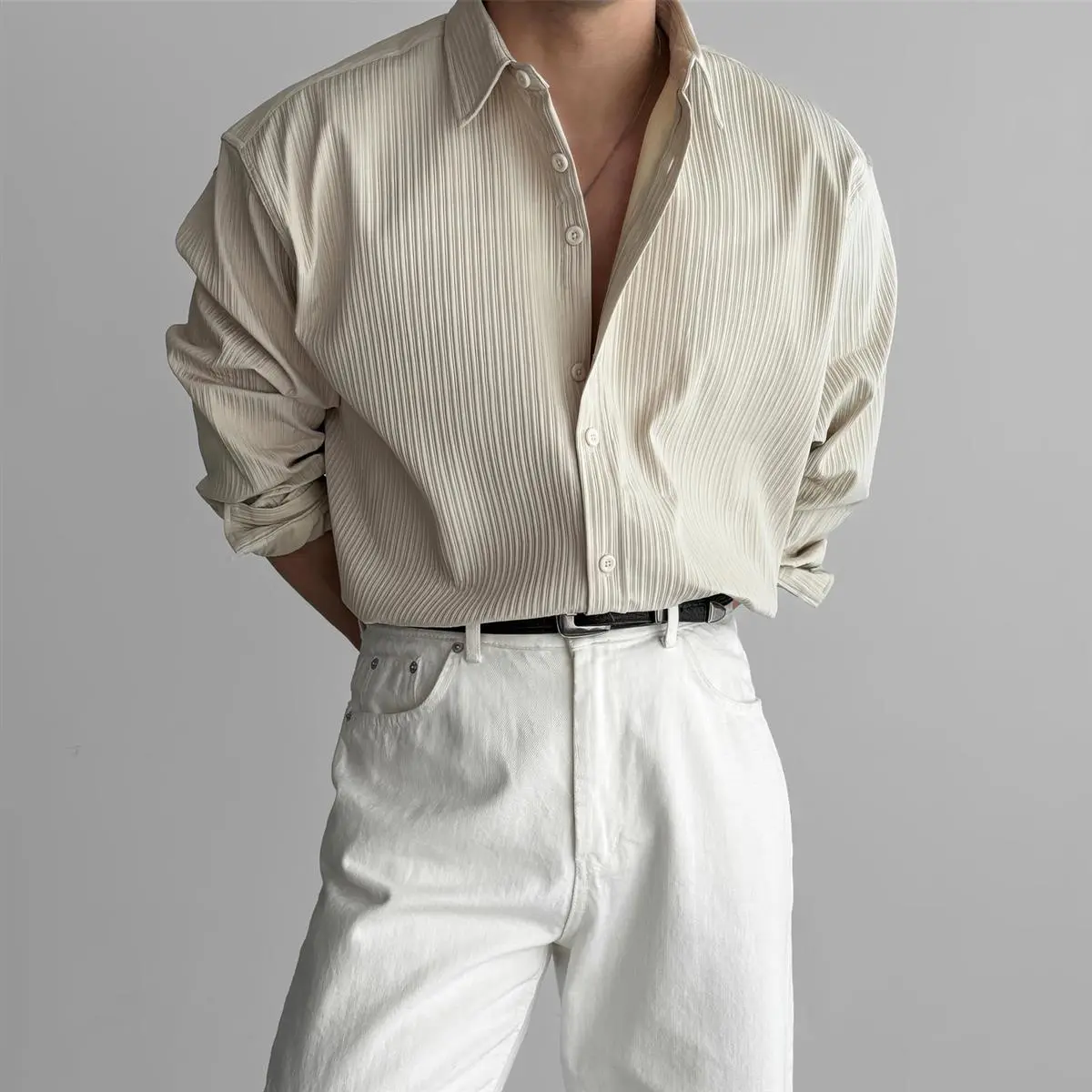 300斤加大码翻领坑条纹理衬衫