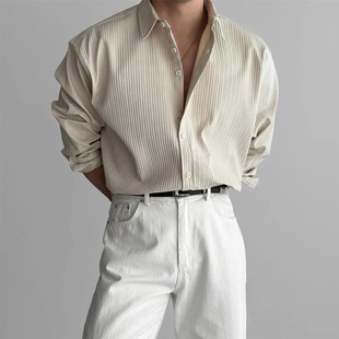 男士 衬衫 高级感轻熟风宽松加肥上衣 翻领坑条纹理长袖 300斤加大码
