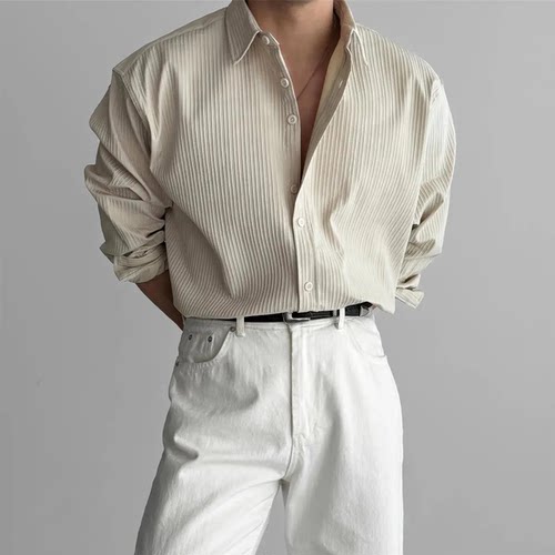 300斤加大码翻领坑条纹理衬衫