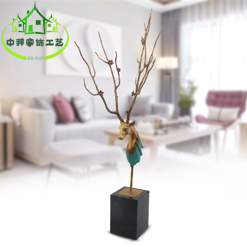 纯铜梅花鹿头摆件欧美式复古装饰品电视柜玄关台酒店会所摆设礼品