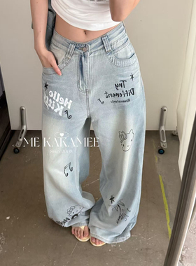 8twothree-夏新品3D喷画音乐KT设计感牛仔裤牛仔裤百搭时尚设计女