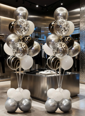 黑色白色气球立柱装饰场景布置周岁生日快乐派对地飘桌飘汽球树