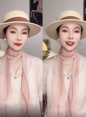 淡粉乔其纱女飘带丝巾护颈围巾