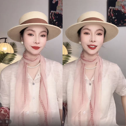 春夏新款淡粉条纹薄款女士飘带长条巾护颈丝巾时尚百搭显白围巾