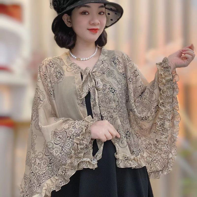 春夏新款时尚中式古风花边开车遮阳斗篷防晒披肩透气遮肉系带外搭