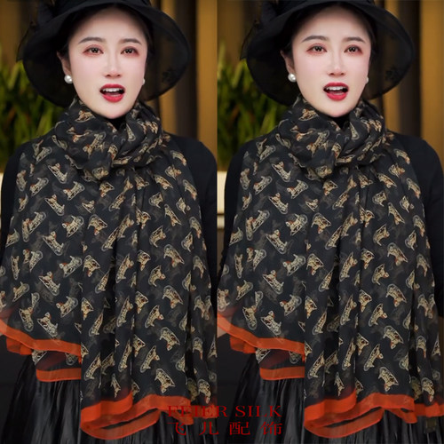 鳄鱼皱小马丝巾纱巾披肩围巾