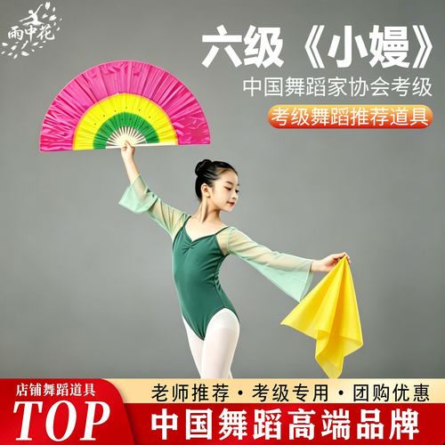 六级小嫚舞蹈道具扇子真丝绿黄玫
