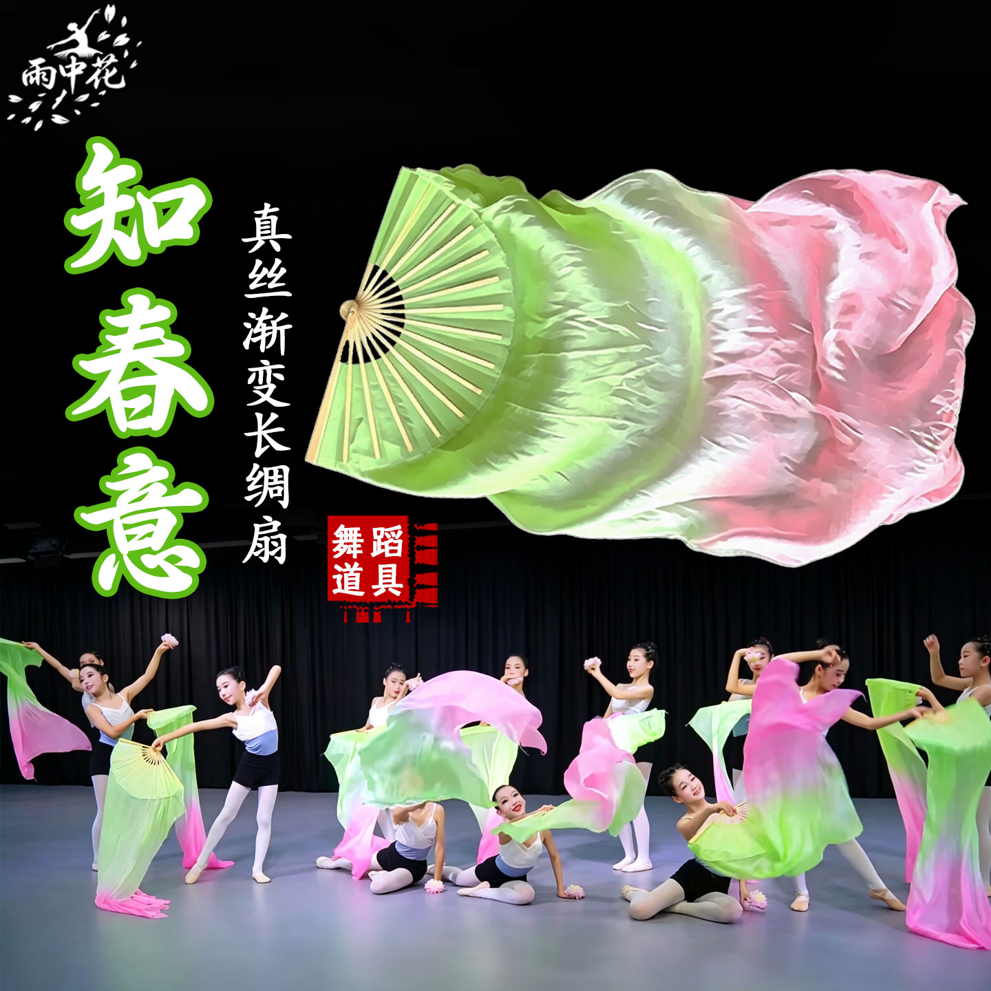 知春意舞蹈扇子真丝浅绿浅粉渐变长绸扇古典舞跳舞表演出专用道具