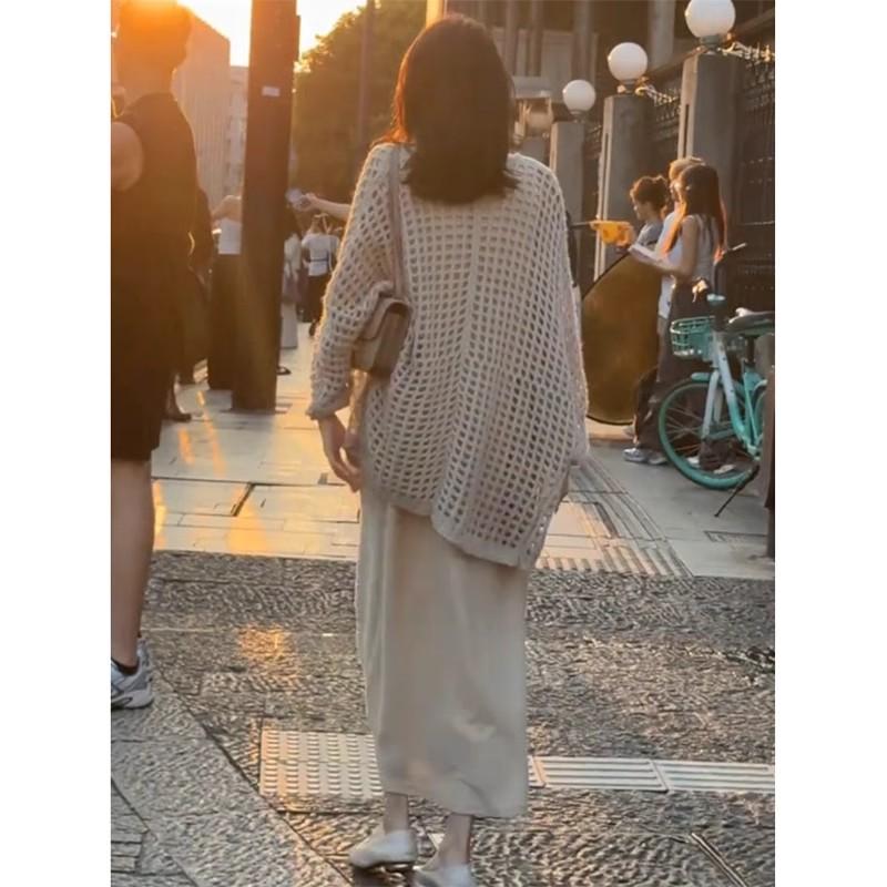 法式镂空破洞冰丝防晒针织开衫女夏季薄款宽松外搭罩衫中长款上衣