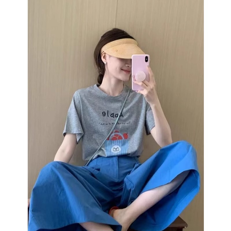 美式复古字母印花灰色正肩短袖T恤女夏季设计感小众宽松圆领上衣