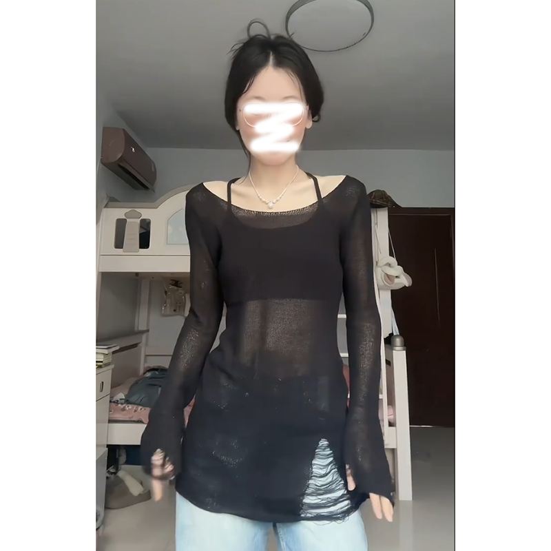 黑色镂空破洞冰丝针织衫女夏季薄款防晒罩衫茶里茶气别致长袖上衣