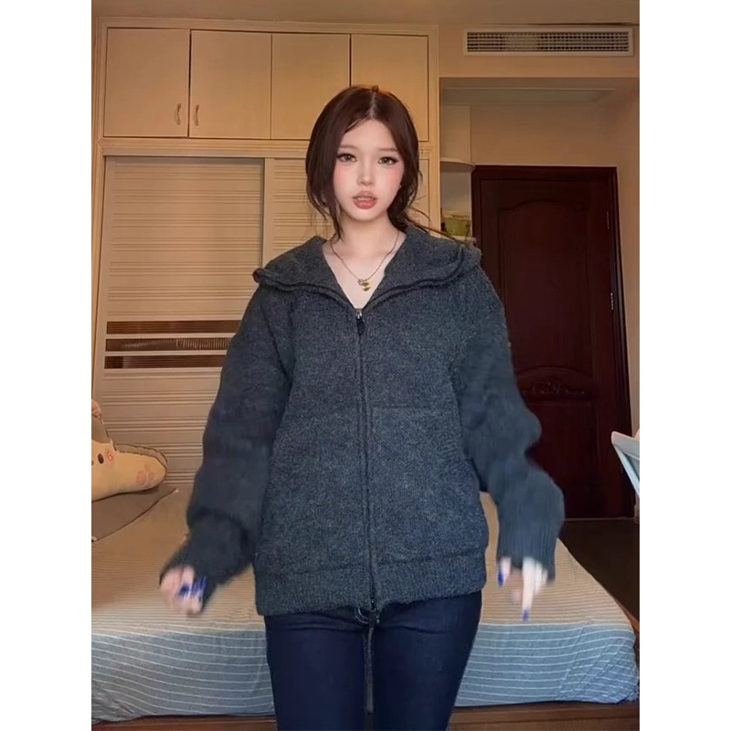灰色拉链连帽中长款毛衣开衫女秋冬季加厚宽松慵懒风针织外套上衣