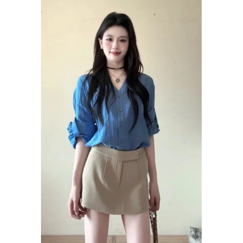 老钱风穿搭法式翻领蓝色长袖衬衫女夏季薄款外搭衬衣开衫外套上衣