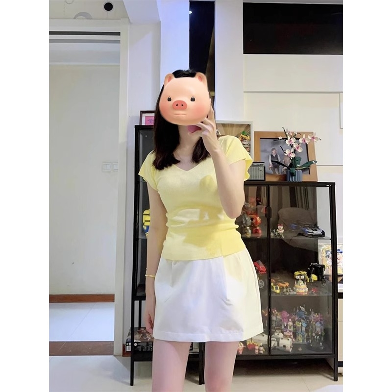法式V领小飞袖黄色冰丝针织短袖T恤女夏季2025新款小个子短款上衣