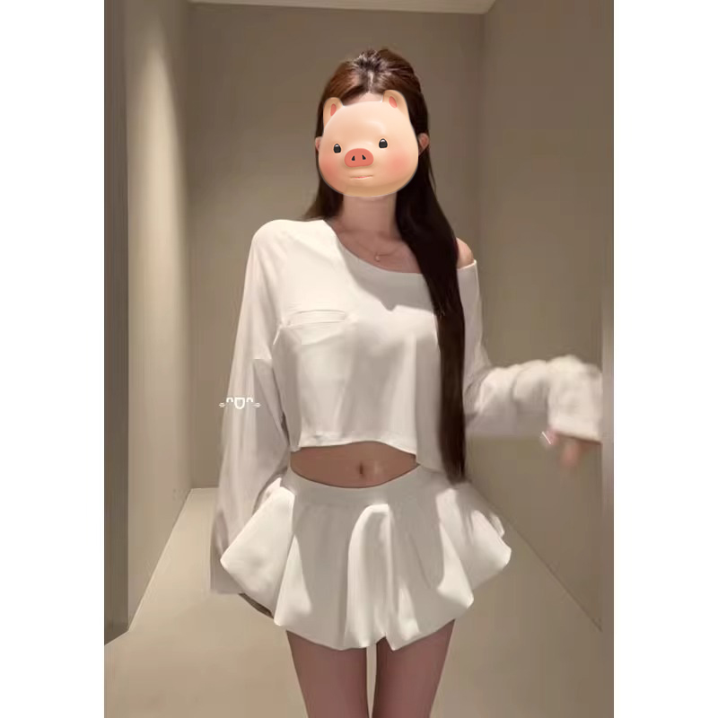 白色圆领长袖防晒T恤女夏季薄款外搭露肩空调衫辣妹露脐短款上衣
