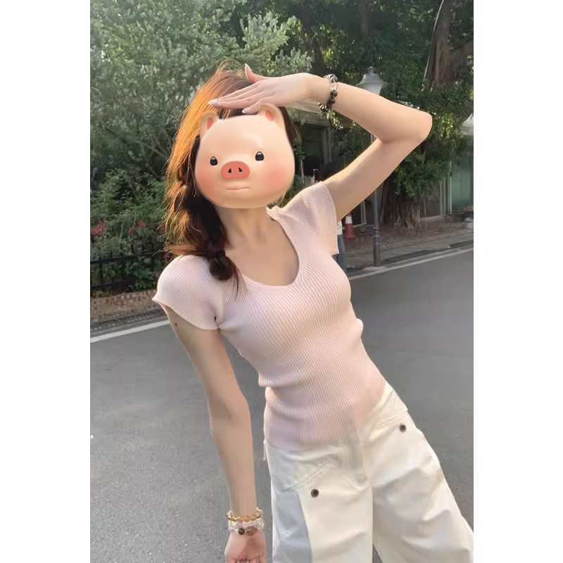 粉色V领正肩冰丝针织短袖T恤女夏季修身短款小飞袖多巴胺穿搭上衣