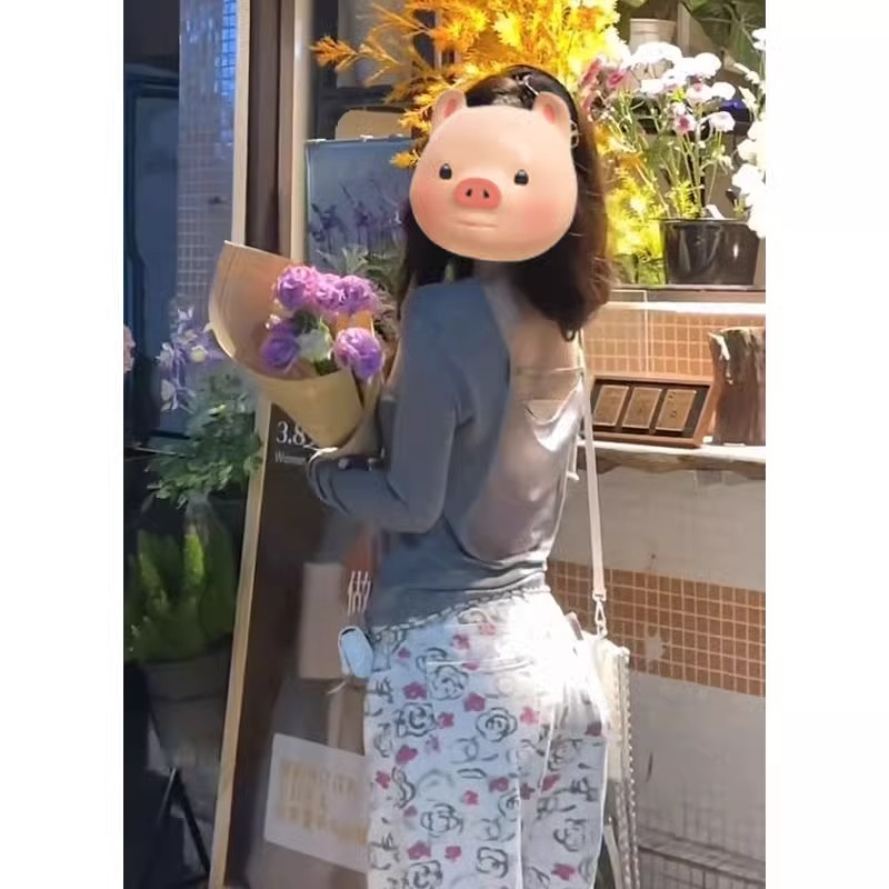 灰色露背长袖防晒T恤女夏季薄款外搭空调衫性感辣妹修身短款上衣