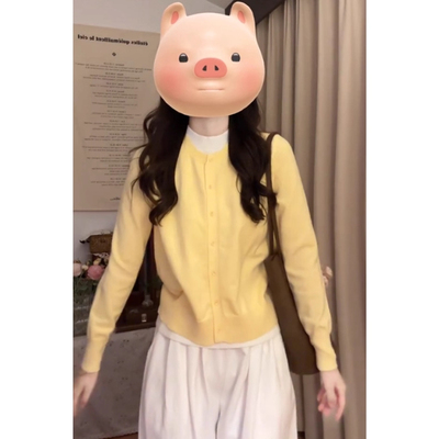 学院风黄色假两件针织开衫女短款