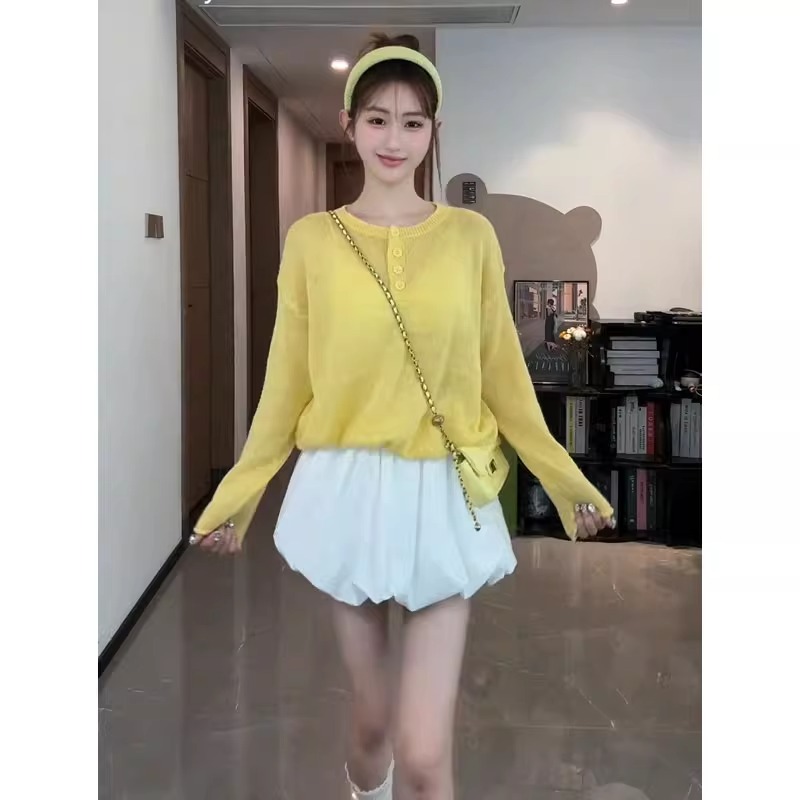 黄色微透薄款冰丝防晒长袖针织衫女夏季薄款宽松外搭空调罩衫上衣
