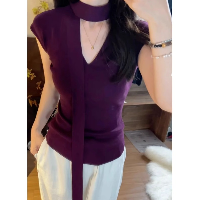 紫色V领挂脖飘带冰丝针织短袖T恤女夏季独特漂亮初夏修身短款上衣