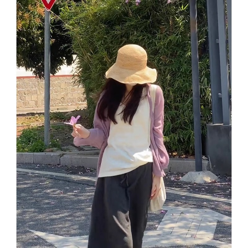 紫色冰丝防晒针织开衫外套女夏季薄款外搭开春ootd多巴胺穿搭上衣